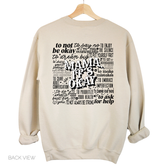 A beige crewneck sweatshirt with text design on the front providing support and encouragement messages related to mental health.