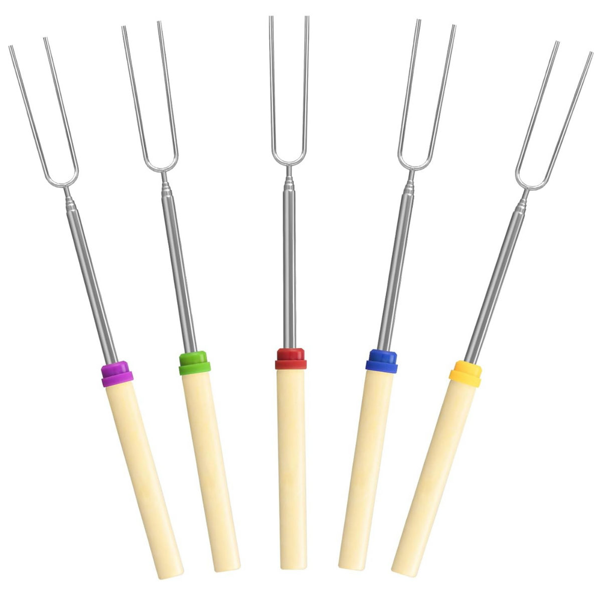 Five metal roasting forks with cream-colored handles and colored ring accents in purple, green, red, blue, and yellow.
