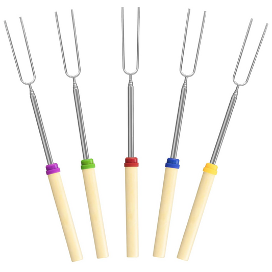 Five metal roasting forks with cream-colored handles and colored ring accents in purple, green, red, blue, and yellow.