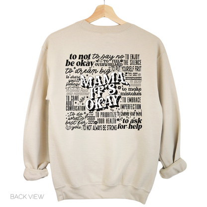 A beige crewneck sweatshirt with text design on the front providing support and encouragement messages related to mental health.
